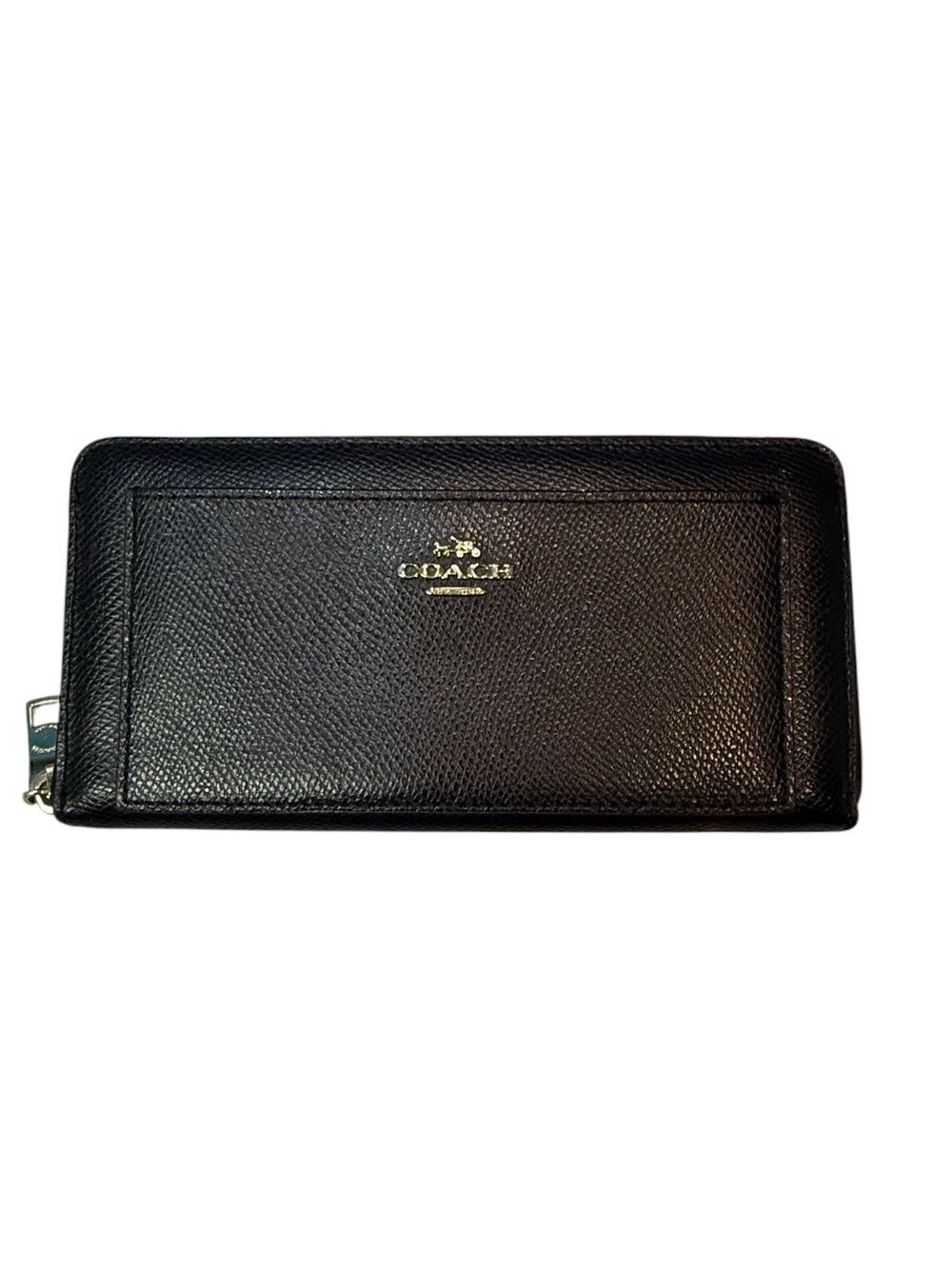Coach Black Pebbled Leather Zip-Around Wallet with Gold Logo